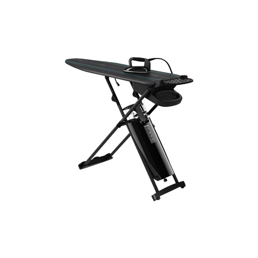 Laurastar ironing system includes a board with a built in steamer and iron all in one.